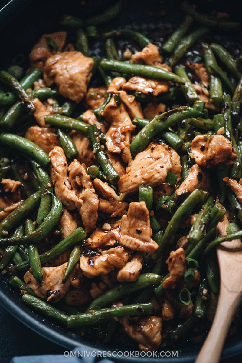 String bean chicken in a pan close-up