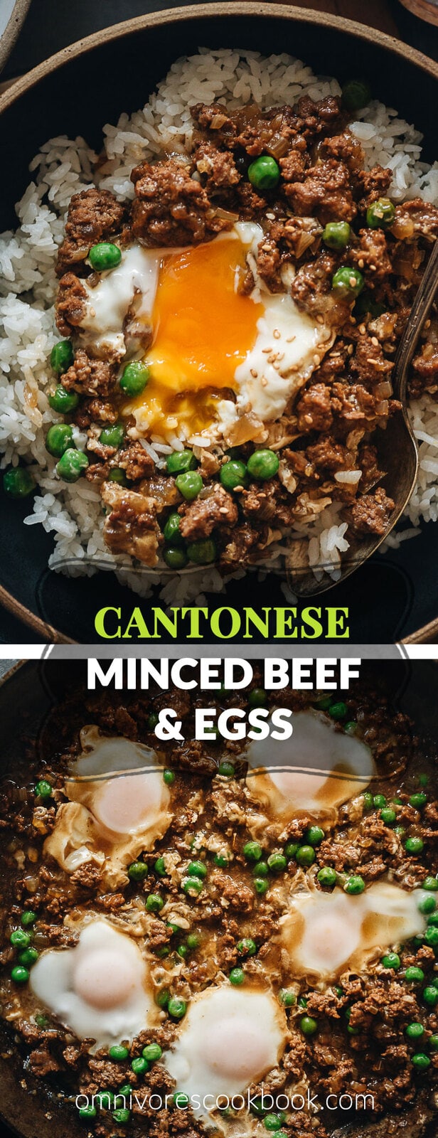 Cantonese Ground Beef Rice and Eggs | A super easy Cantonese minced beef bowl cooked with an oyster-sauce-based sauce, onion, green peas, and runny eggs. Top it on steamed rice or noodles to make a hearty and healthy meal. It’s also perfect to make ahead and use as meal-prep. {Gluten-Free Adaptable}