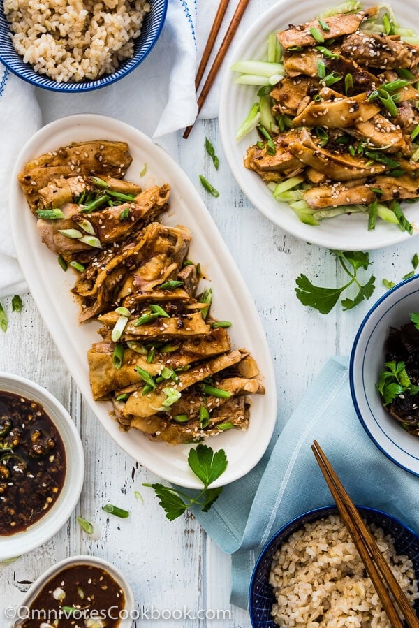Sichuan Chicken with Spicy Sesame Sauce (怪味鸡) - It is served with a numbing, spicy, nutty sauce that is addictively tasty. It may look plain, but it will blow your mind with a single bite. | omnivorescookbook.com