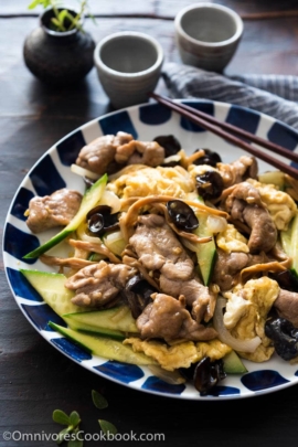 The tender pork, crisp vegetables, crunchy mushrooms, and creamy eggs are brought together by a simple chicken-stock-based sauce, creating a simple and earthy stir fry with great texture and nutrition.
