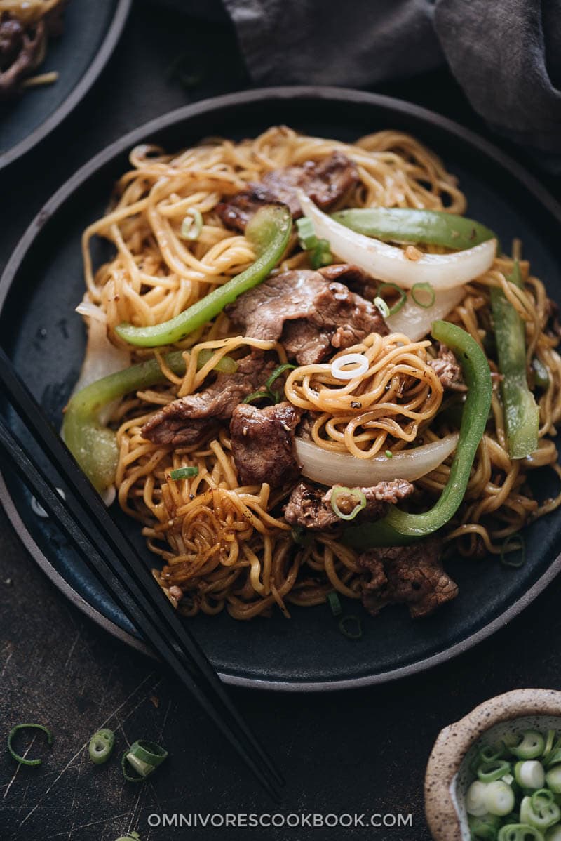 Authentic beef chow mein close up