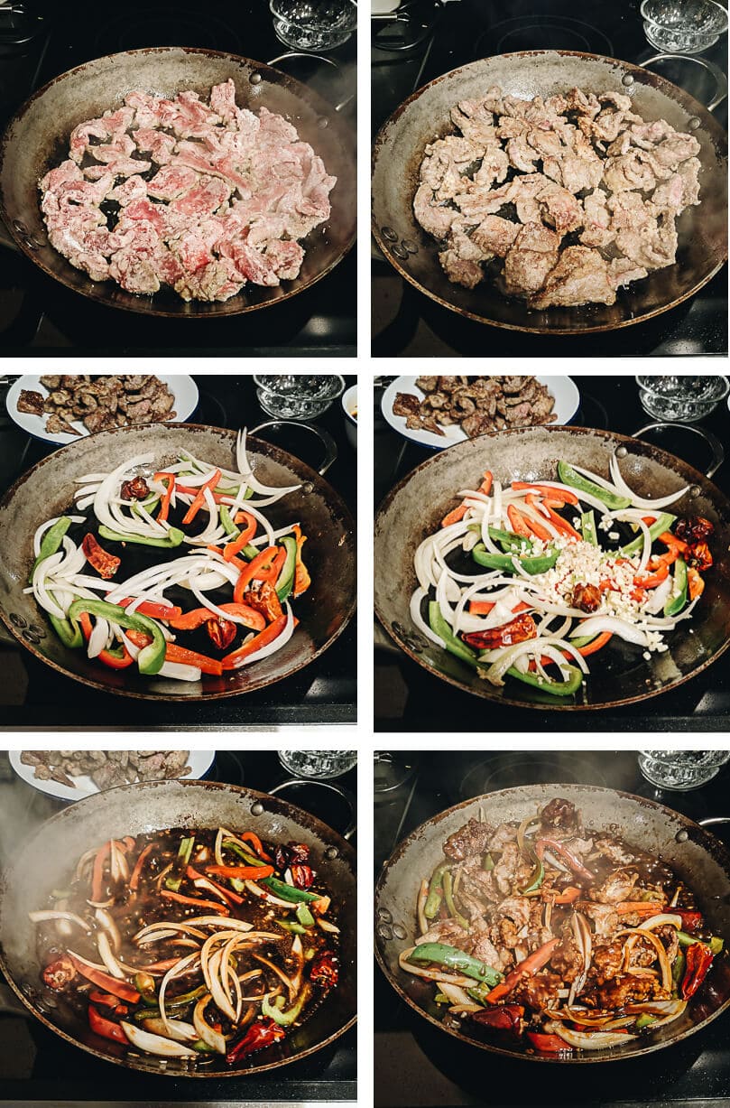 Szechuan beef stir fry cooking process 