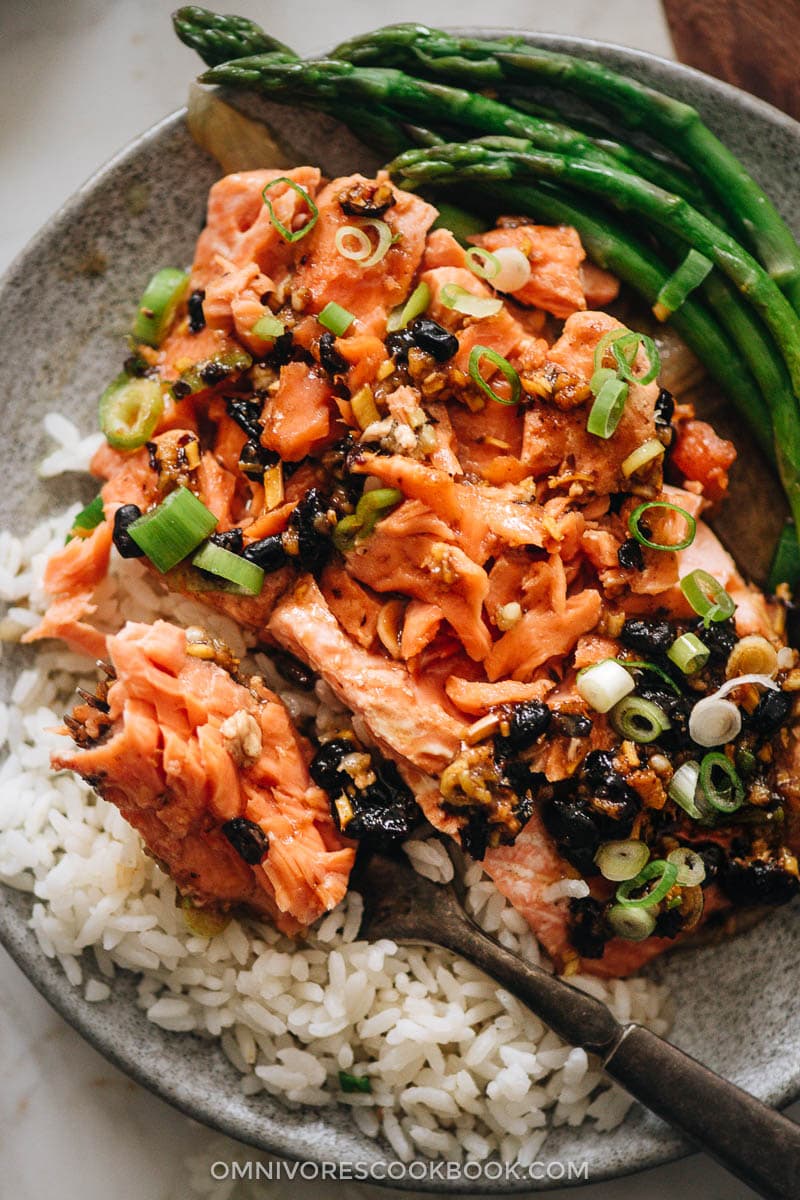 Steamed salmon in black bean sauce served with steamed rice