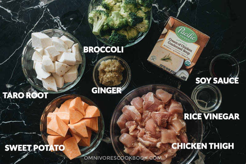 Ingredients for making chicken sweet potato stew