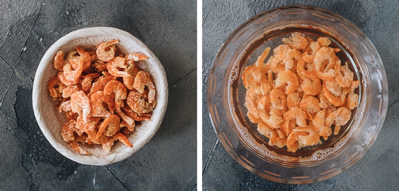 Dried shrimps and rehydrated dried shrimps
