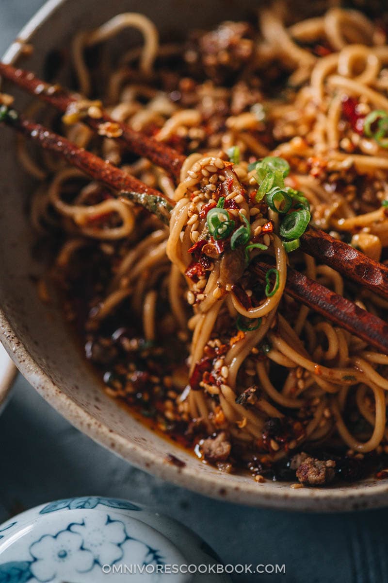 Noodle coated with sauce close-up