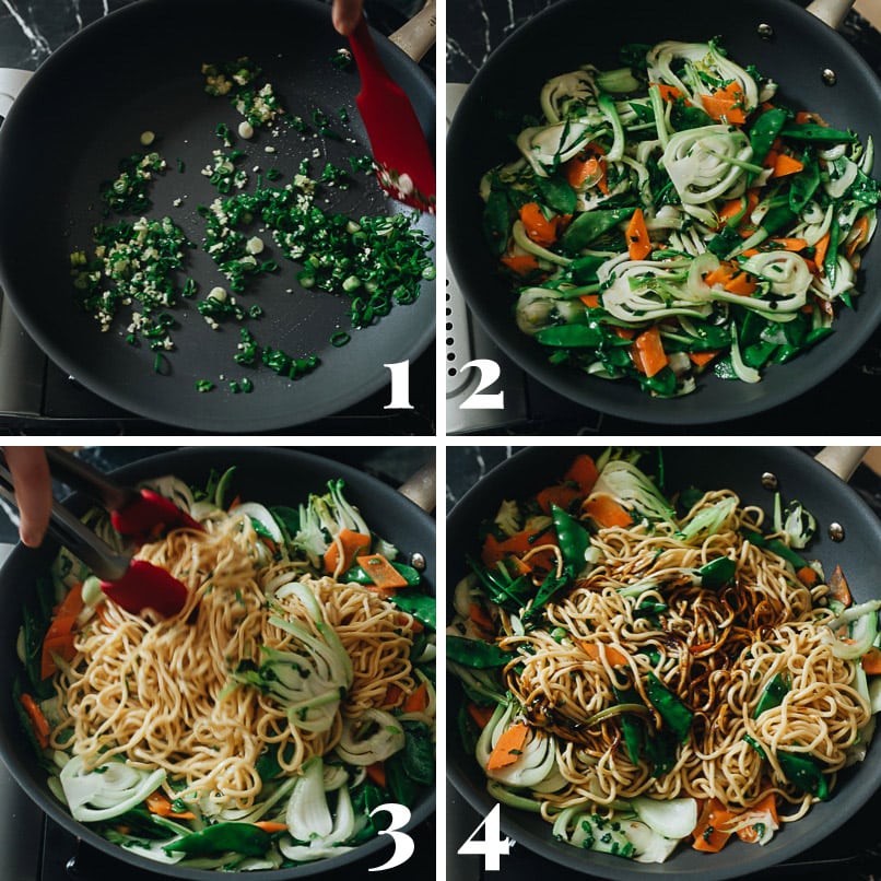 Vegetable lo mein cooking step-by-step