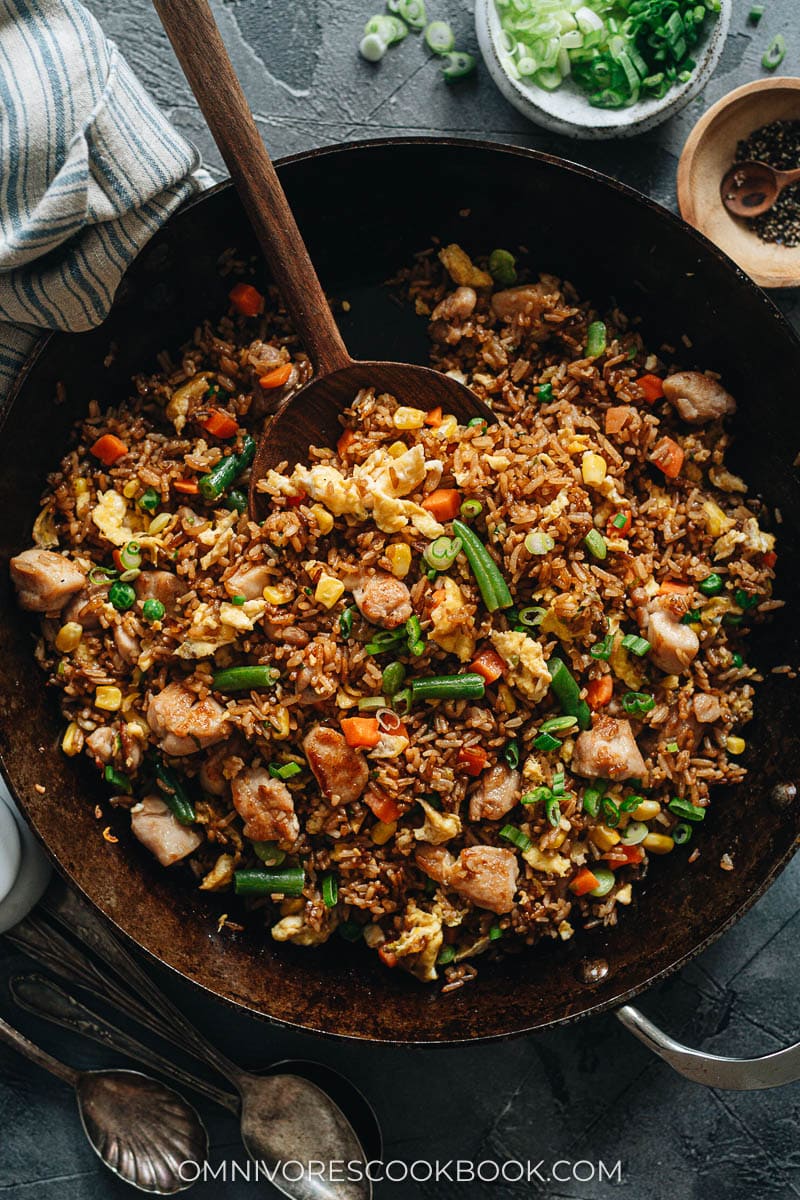 Chicken fried rice in a pan
