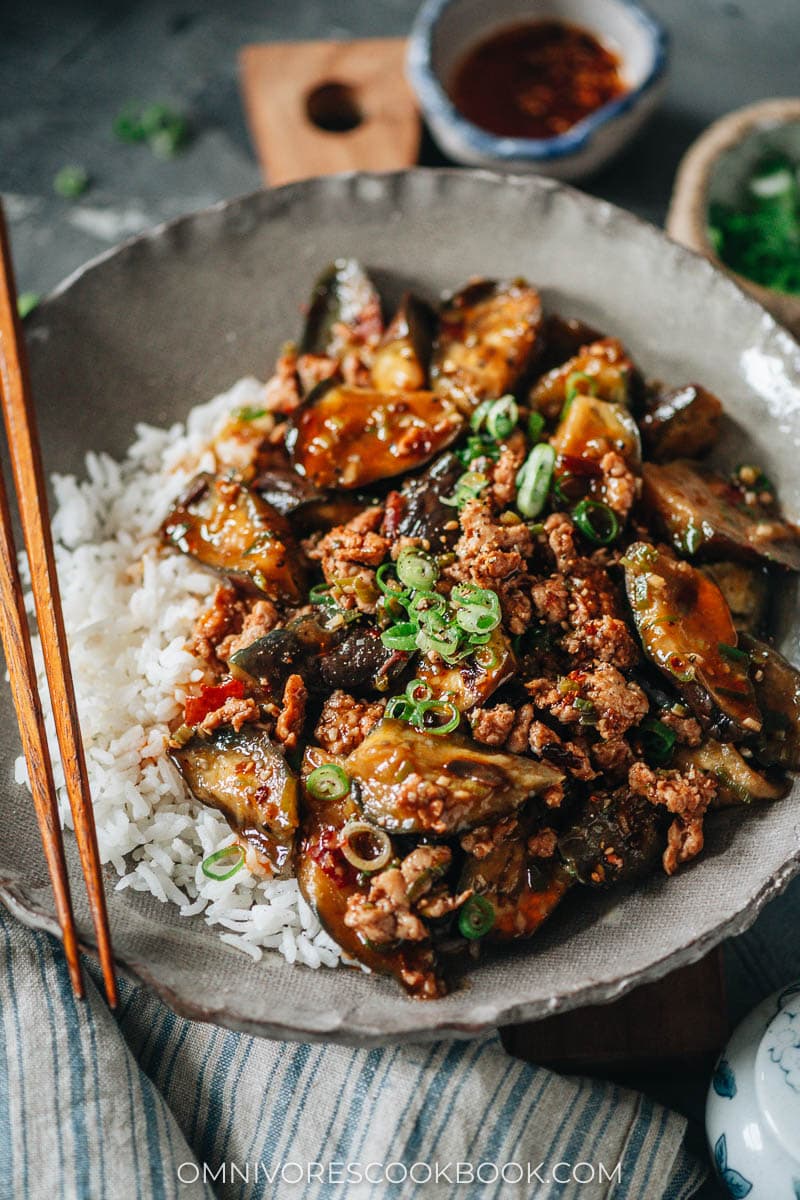 Chinese eggplant and ground meat over rice