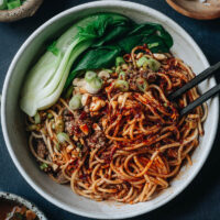 These vegan dan Dan noodles are as tasty as the original. The tender noodles are served in a rich sauce that is nutty, spicy, and extra fragrant, with a hint of sweetness. It also includes a vegan recipe for a flavorful “meaty” topping that tastes great and clings to the noodles. Be careful, this dish is addictively tasty! {Gluten-Free Adaptable}