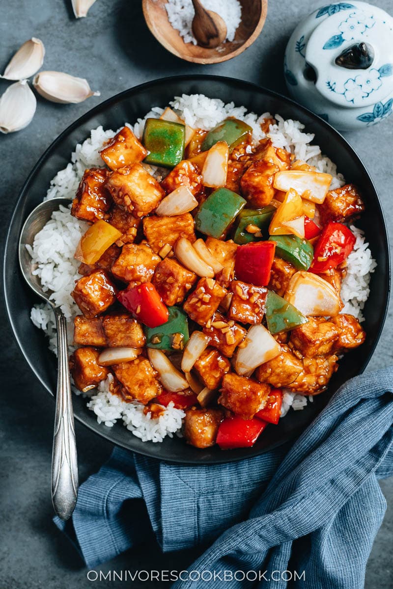 Sweet and sour tofu over steamed rice