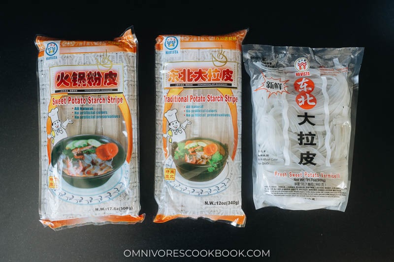 Fresh and dried potato noodles in packages