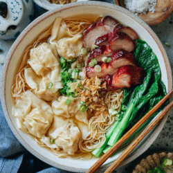 This easy wonton char siu noodle soup features springy egg noodles and tender leafy greens served in a hearty chicken broth, topped with scrumptious char siu pork and juicy wontons. This dish is a perfect way to use your leftover BBQ pork and provide a restaurant-level experience in your own kitchen.