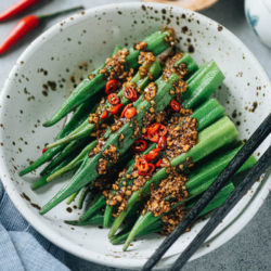 A quick and easy Chinese okra salad recipe that features a bold and rich seasoning, crisp okra, and none of the sliminess. Make this cold appetizer to add color, texture and nutrition to your dinner! {Gluten-Free adaptable, Vegan}