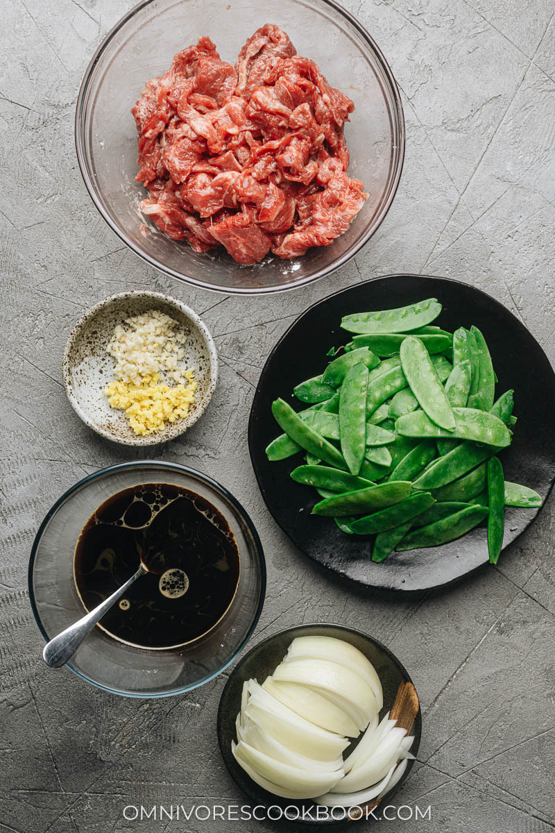 Ingredients for making beef with snow peas