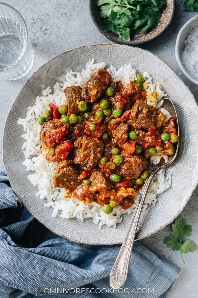 Instant Pot curry beef stew served over rice