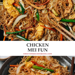 Chicken mei fun features juicy chicken, tender eggs, and crunchy vegetables stir fried with rice noodles in a rich savory sauce. It’s a colorful and delicious one-pot meal that you can whip up on any night of the week. {Gluten-Free adaptable}